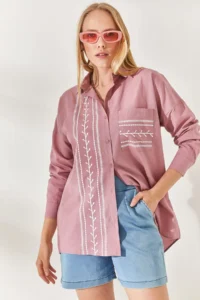 Olalook Dusty Rose Pocket Detailed Printed Woven Shirt - Image 3