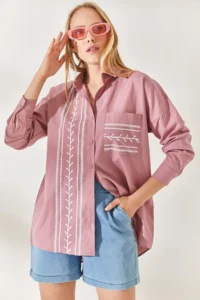 Olalook Dusty Rose Pocket Detailed Printed Woven Shirt - Image 4