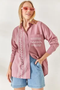 Olalook Dusty Rose Pocket Detailed Printed Woven Shirt - Image 5