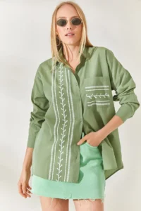 Olalook Mold Green Pocket Detailed Printed Woven Shirt