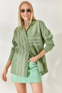 Olalook Mold Green Pocket Detailed Printed Woven Shirt - Image 3