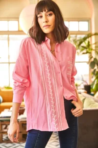 Olalook Women's Pink Pocket Detailed Printed Woven Shirt - Image 2