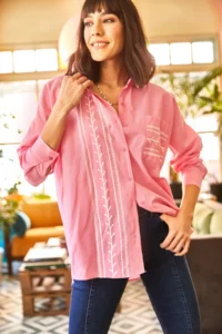 Olalook Women's Pink Pocket Detailed Printed Woven Shirt - Image 3