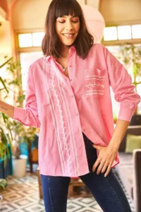 Olalook Women's Pink Pocket Detailed Printed Woven Shirt - Image 4