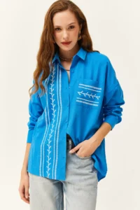 Olalook Women's Saks Blue Pocket Detailed Printed Woven Shirt