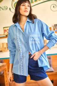 Olalook Women's Saks Blue Pocket Detailed Printed Woven Shirt - Image 2