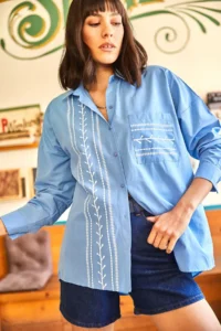 Olalook Women's Saks Blue Pocket Detailed Printed Woven Shirt - Image 6