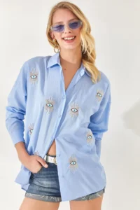 Olalook Baby Blue Sequin Detailed Woven Boyfriend Shirt - Image 4