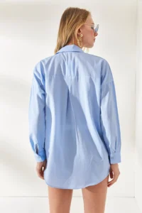 Olalook Baby Blue Sequin Detailed Woven Boyfriend Shirt - Image 6
