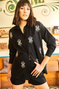 Olalook Women's Black Eye Sequin Detailed Woven Boyfriend Shirt