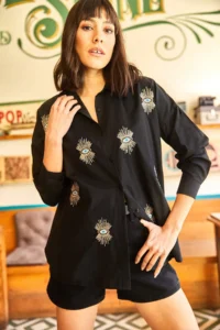 Olalook Women's Black Eye Sequin Detailed Woven Boyfriend Shirt - Image 3