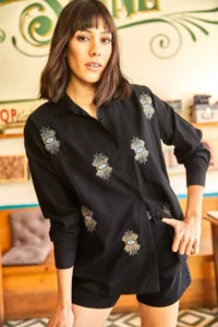 Olalook Women's Black Eye Sequin Detailed Woven Boyfriend Shirt - Image 5