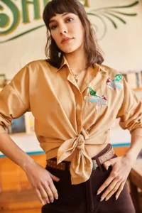 Olalook Women's Camel Bird Sequin Detailed Woven Boyfriend Shirt