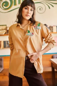 Olalook Women's Camel Bird Sequin Detailed Woven Boyfriend Shirt - Image 3