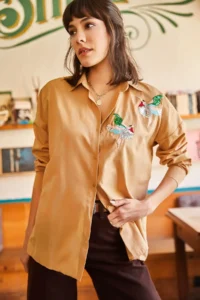 Olalook Women's Camel Bird Sequin Detailed Woven Boyfriend Shirt - Image 4