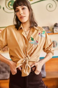 Olalook Women's Camel Bird Sequin Detailed Woven Boyfriend Shirt - Image 5