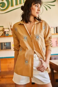 Olalook Women's Camel Sequin Detailed Woven Boyfriend Shirt - Image 3