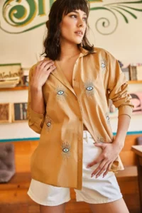 Olalook Women's Camel Sequin Detailed Woven Boyfriend Shirt - Image 4