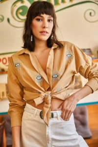 Olalook Women's Camel Sequin Detailed Woven Boyfriend Shirt - Image 5