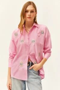 Olalook Women's Candy Pink Sequin Detailed Woven Boyfriend Shirt