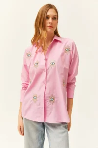Olalook Women's Candy Pink Sequin Detailed Woven Boyfriend Shirt - Image 2