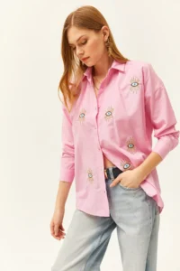 Olalook Women's Candy Pink Sequin Detailed Woven Boyfriend Shirt - Image 3