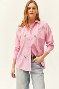 Olalook Women's Candy Pink Sequin Detailed Woven Boyfriend Shirt - Image 4
