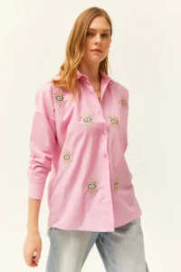 Olalook Women's Candy Pink Sequin Detailed Woven Boyfriend Shirt - Image 5