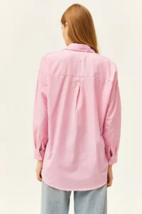 Olalook Women's Candy Pink Sequin Detailed Woven Boyfriend Shirt - Image 6