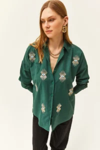 Olalook Women's Emerald Green Sequin Detailed Woven Boyfriend Shirt - Image 2