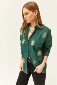 Olalook Women's Emerald Green Sequin Detailed Woven Boyfriend Shirt - Image 3