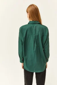 Olalook Women's Emerald Green Sequin Detailed Woven Boyfriend Shirt - Image 4