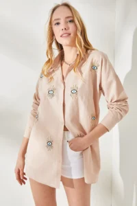 Olalook Women's Eye Beige Sequin Detailed Woven Boyfriend Shirt - Image 2