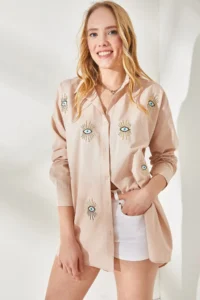 Olalook Women's Eye Beige Sequin Detailed Woven Boyfriend Shirt - Image 3