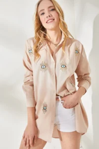 Olalook Women's Eye Beige Sequin Detailed Woven Boyfriend Shirt - Image 4