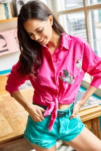Olalook Women's Fuchsia Bird Sequin Detailed Woven Boyfriend Shirt - Image 3