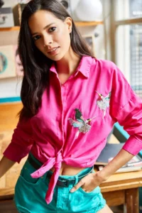 Olalook Women's Fuchsia Bird Sequin Detailed Woven Boyfriend Shirt - Image 5