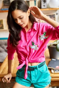 Olalook Women's Fuchsia Bird Sequin Detailed Woven Boyfriend Shirt - Image 6
