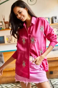 Olalook Women's Dark Fuchsia Sequin Detailed Woven Boyfriend Shirt - Image 3