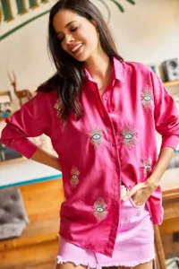 Olalook Women's Dark Fuchsia Sequin Detailed Woven Boyfriend Shirt - Image 7