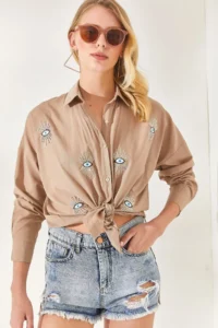Olalook Mink Sequin Detailed Woven Boyfriend Shirt - Image 2
