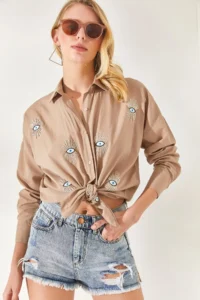 Olalook Mink Sequin Detailed Woven Boyfriend Shirt - Image 3