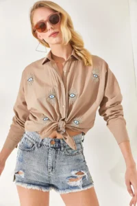 Olalook Mink Sequin Detailed Woven Boyfriend Shirt - Image 4