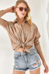 Olalook Mink Sequin Detailed Woven Boyfriend Shirt - Image 5