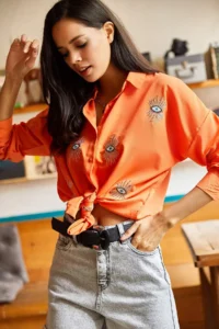 Olalook Women's Orange Sequin Detailed Woven Boyfriend Shirt - Image 4