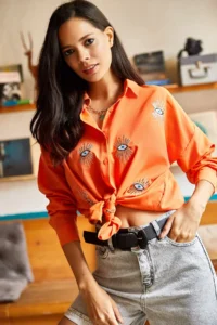 Olalook Women's Orange Sequin Detailed Woven Boyfriend Shirt - Image 5