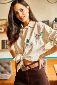 Olalook Women's Stone Bird Sequin Detailed Woven Boyfriend Shirt