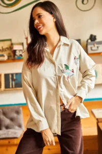 Olalook Women's Stone Bird Sequin Detailed Woven Boyfriend Shirt - Image 3