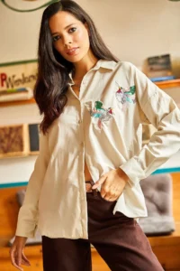 Olalook Women's Stone Bird Sequin Detailed Woven Boyfriend Shirt - Image 4