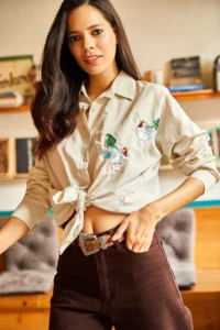 Olalook Women's Stone Bird Sequin Detailed Woven Boyfriend Shirt - Image 5